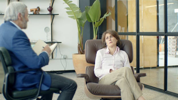 Home Therapist and client during a psychotherapy session in a modern office.